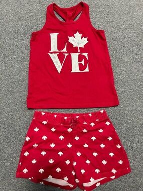 The Children's Place Girl’s Tank Top & Shorts Set with White Maple Leaf Print